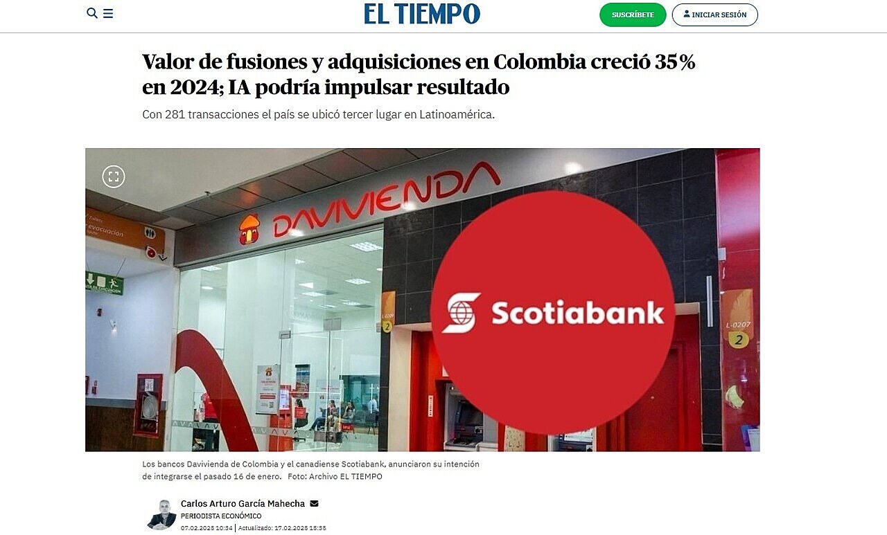 Valor de fusiones y adquisiciones en Colombia creci 35 % en 2024; IA podra impulsar resultado